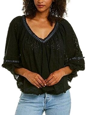 Free People Darcy Eyelet Blouse - Black Cotton Boho Top Size Large